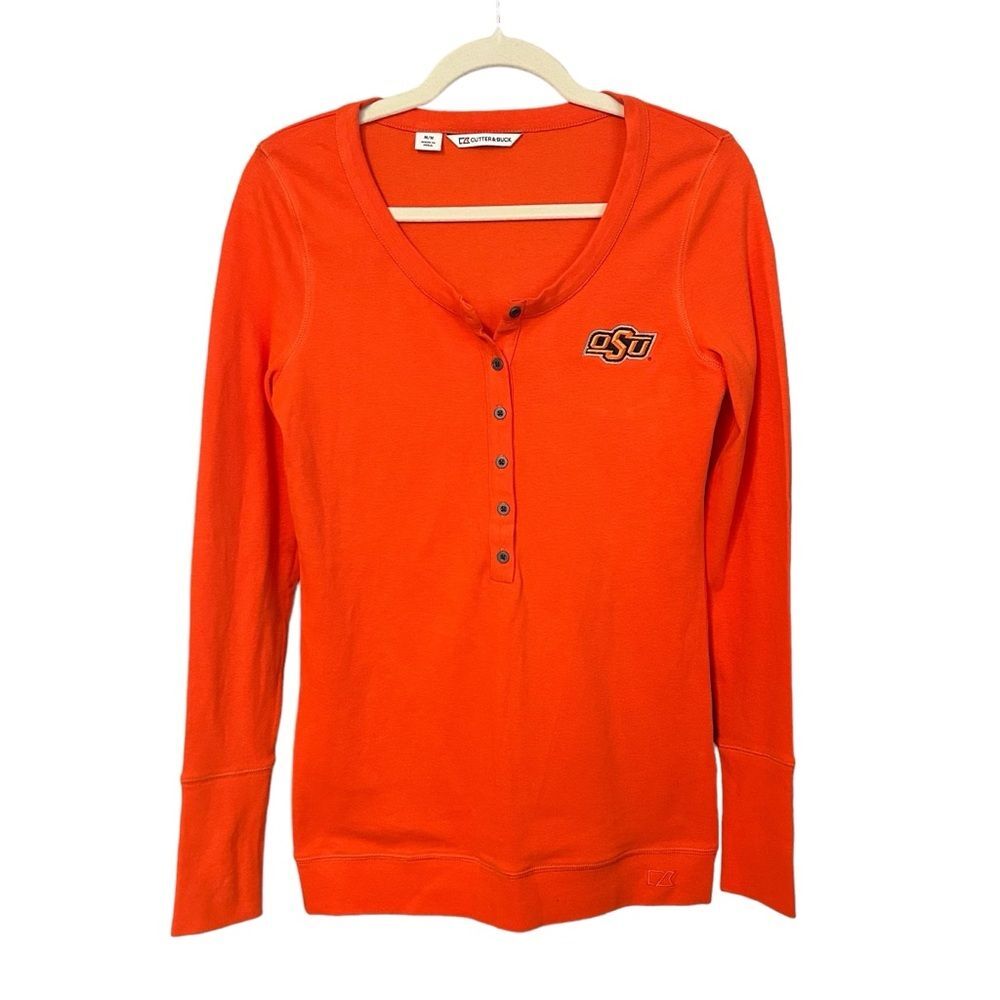 Cutter & Buck OSU Oklahoma State Women’s Long Sleeve Henley Logo Orange Sz Med